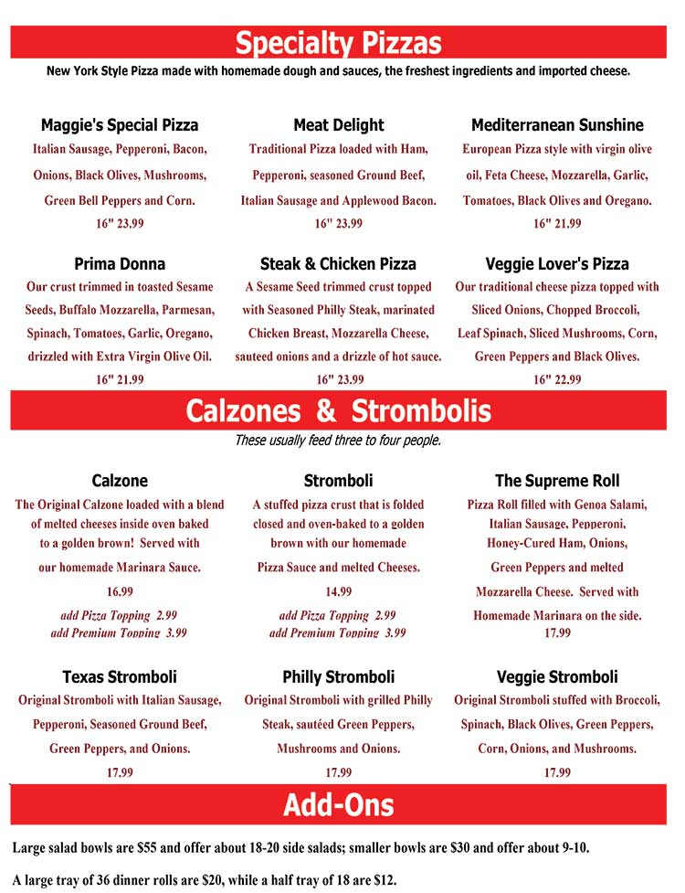 Maggie's Italian Restaurant Menu